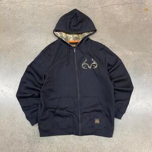 Realtree Black Camo Hoodie Y2K Size L Orange Accents Fleece Lined